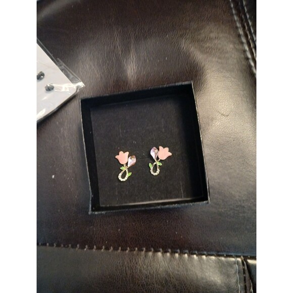Pink Enamel Tulip Flower Stud Earrings Rhinestones Women - Picture 3 of 8